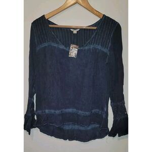 CATO Navy Crinkle Shirt EMBROIDERED Tunic Top Size‎ Small Womens Hombre V Neck
